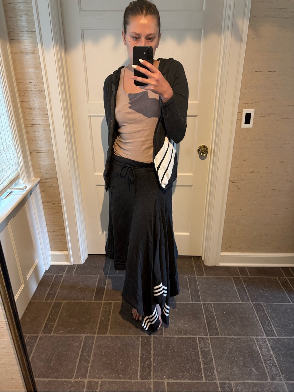 Y-3 Black Maxi Skirt with White Stripe Accents and matching jacket